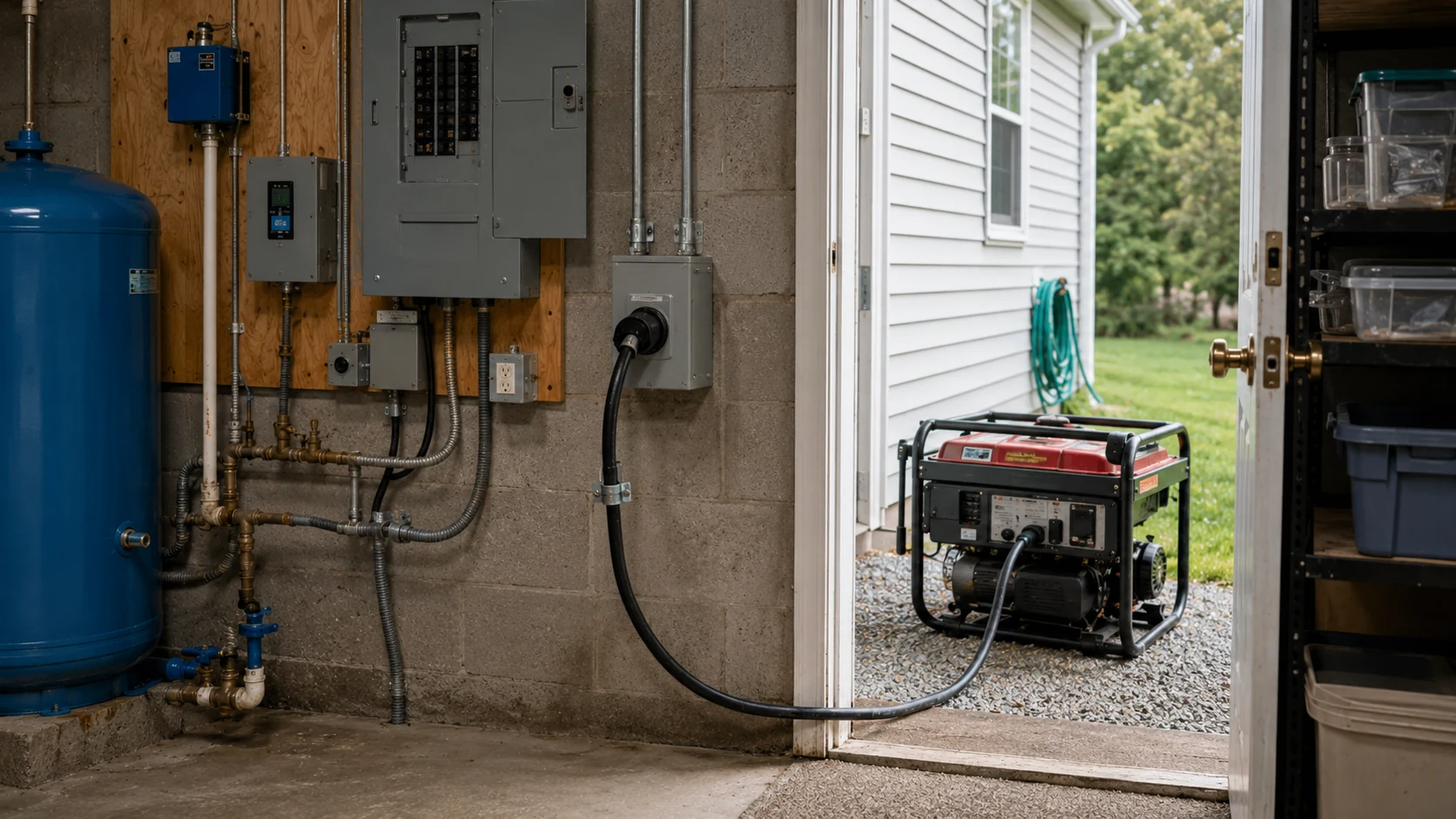 A residential electrical panel with a generator interlock kit and an exterior generator inlet box