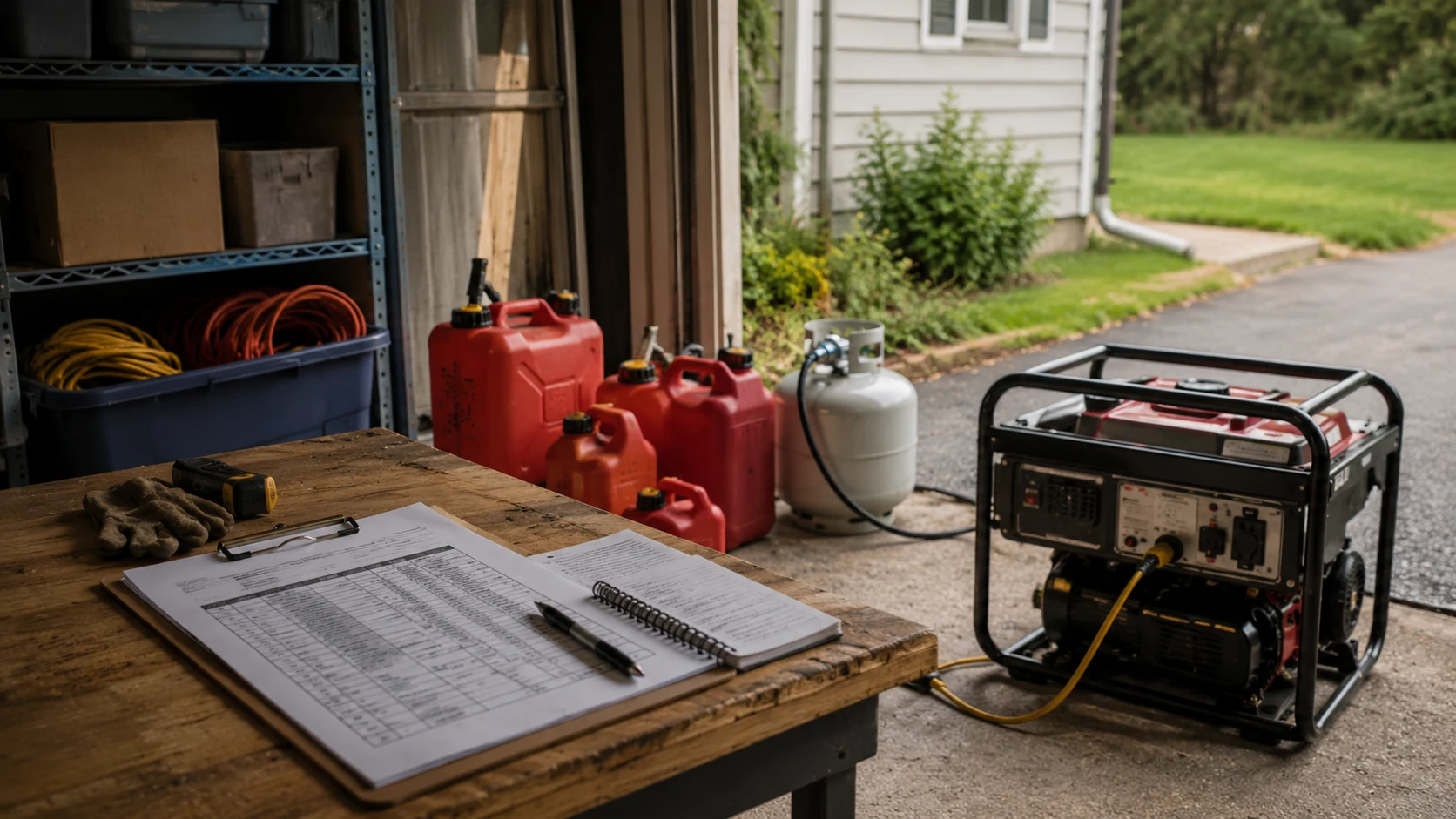 A portable generator running outdoors beside stored fuel containers during a multi-day outage