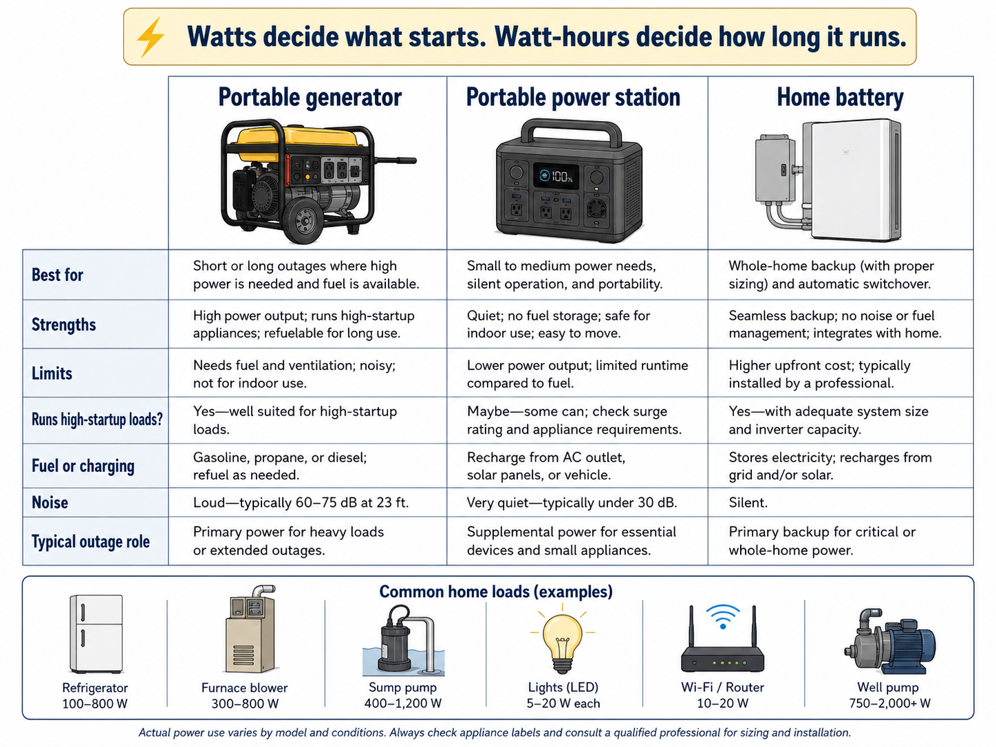 Comparison of a portable generator, portable power station, and installed home battery for household outage use