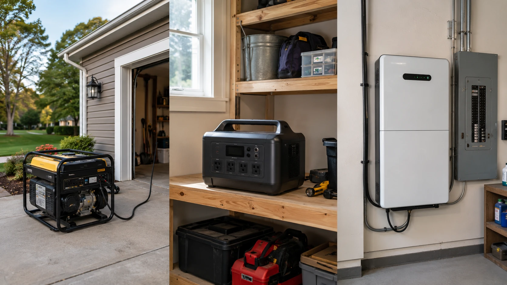 A portable generator, portable power station, and wall-mounted home battery shown in an ordinary American garage