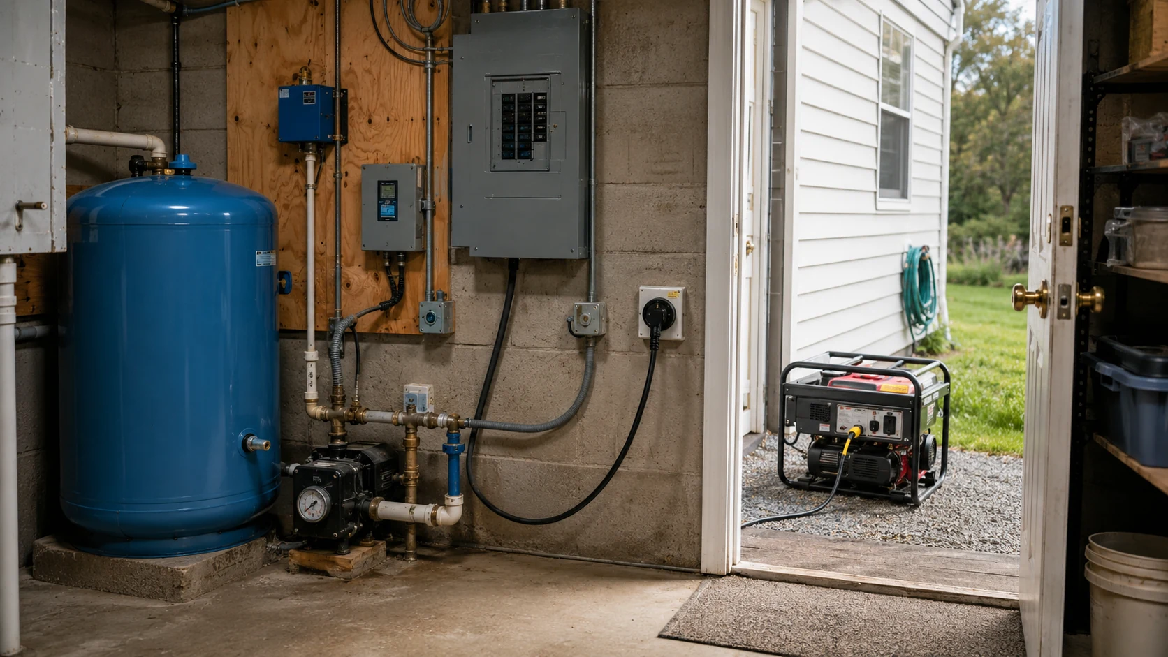 A residential well pump pressure tank and control box in a basement utility area during a power outage