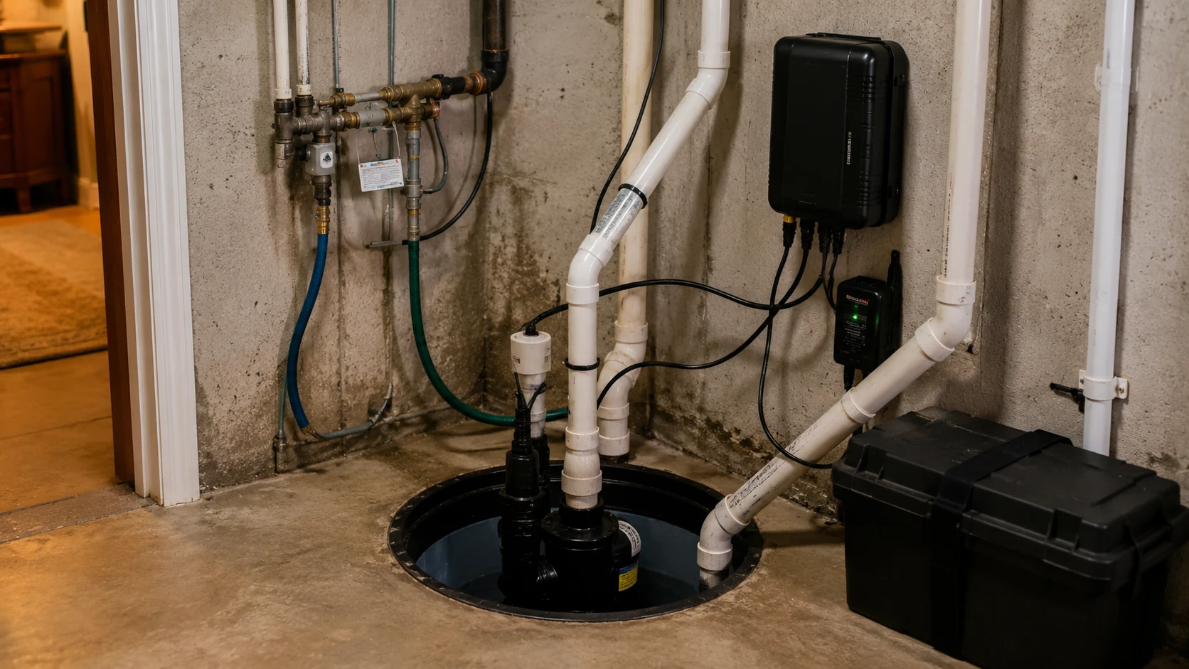 A basement sump pit showing a primary sump pump alongside a battery backup pump and its battery
